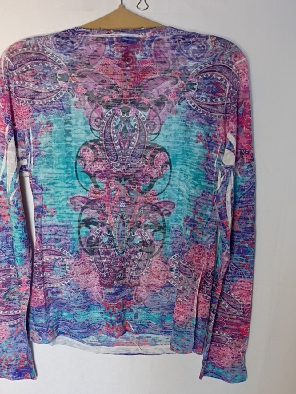 Mushka By Siena Rose Boho Paisley V-Neck Long Sleeve Top - Pink, Turquoise Sz L - Picture 3 of 6